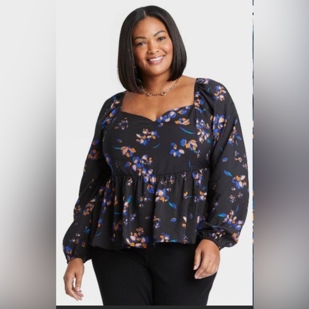 Ava &‎ Viv Women's Top Size X
Black Peplum Floral Print Long Sleeve Plus